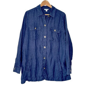 J. Jill Navy Blue 100%‎ Linen Shirt Jacket Button Down Lagenlook Shacket Size L